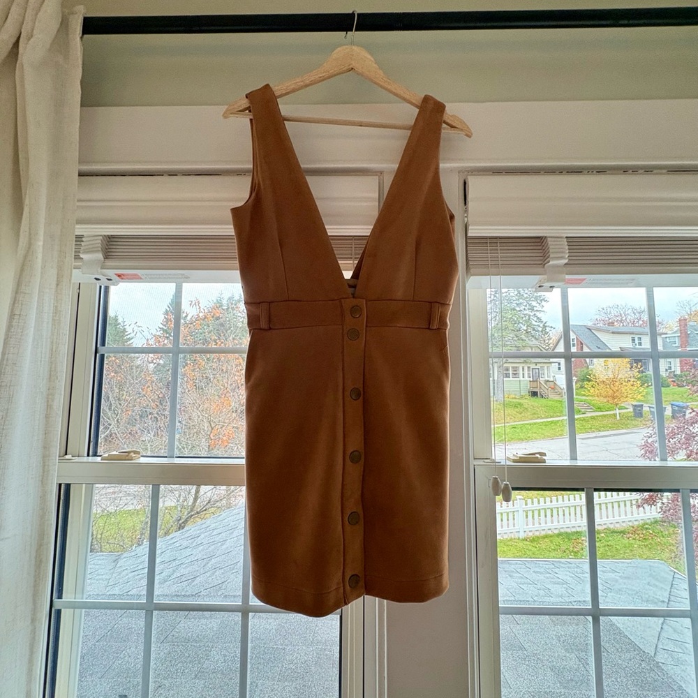 Lovers + Friends Deep V-Neck Button Mini Dress in Brown